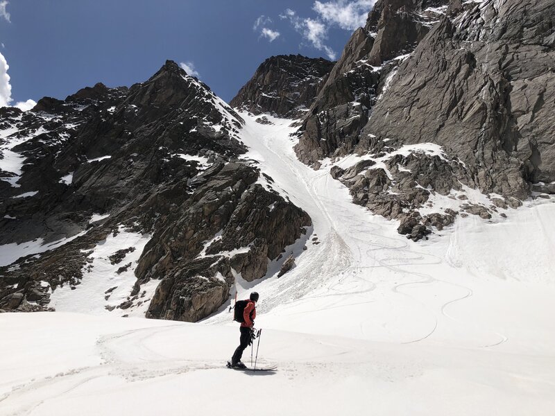 Looking back at the couloir after skiing it.