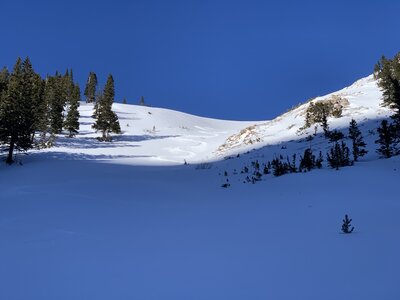 Bottom of Y Yes gully from below in the evening.