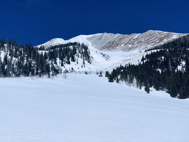 The entire grand couloir, from the bottom of the basin.