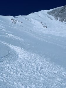Looking back at fresh turns in the Grand Couloir.