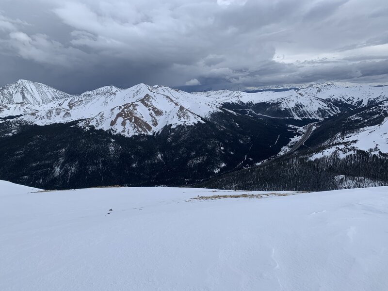 Looking south off the summit of Mt. Machebeuf, down the beginning of Y Not Gully.