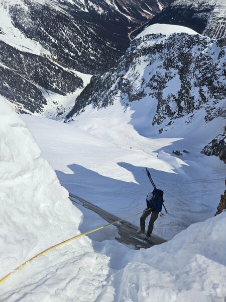 Rappelling into the line. Approx 35-40m.