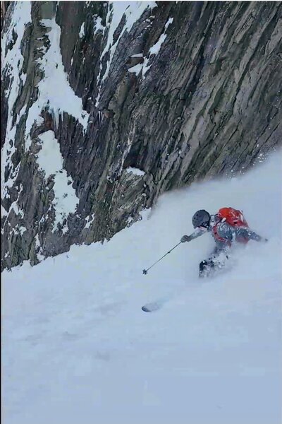 Skiing the lower slopes of The Shelf. 45-50 degree slopes in the area.