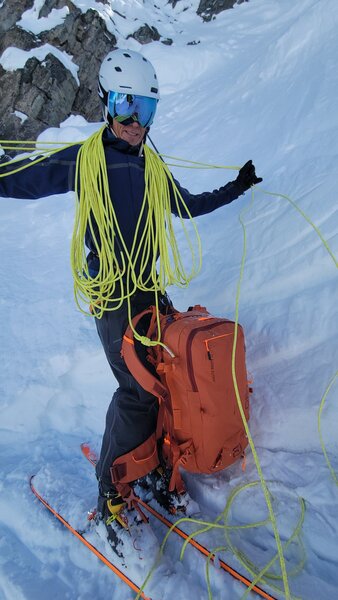 Coiling the ropes after the 30m rap in. Very steep in this section of the STS couloir. Approx 60 degrees here. A full 60m rappel would get you past this steeper area, onto easier slopes below.