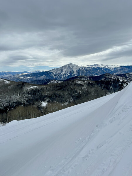 Right under the summit of Willies, looking SE to the massive west face of Mt. Sopris