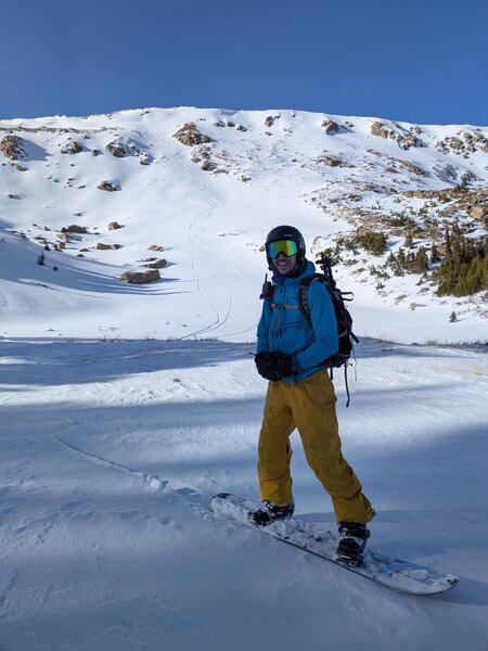 Bottom of Glacier Creek Couloir, looking back up at the route.