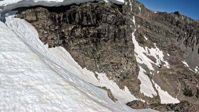 Drop-in of Strait of Gibraltar couloir (taken June 19th, 2026 in record low snow year)