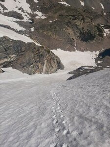 Within Strait of Gibraltar couloir, looking down about 40% of the way up (taken June 19th, 2026 in record low snow year)