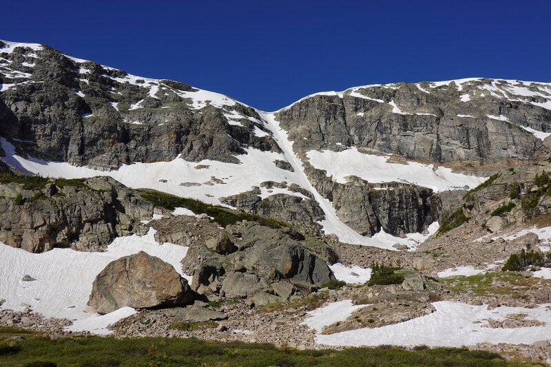 Strait of Gibraltar couloir (taken June 19th, 2026 in record low snow year from just below Gibraltar Lakes)